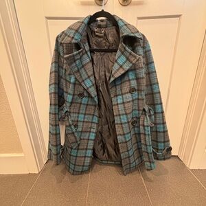 Jou Jou Women’s Teal and Gray Plaid Pea Coat